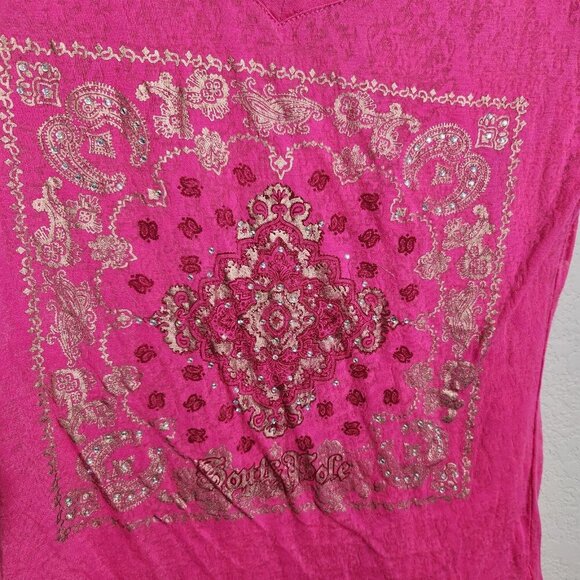 Southpole Shirt Womens XL Pink Lace Sheer Graphic Rhinestone Short Sleeve Top - Picture 2 of 16
